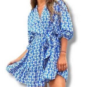 Zara Geometric Dress Long Sleeve Waist Tie Blue White Print Boho | Size XXL